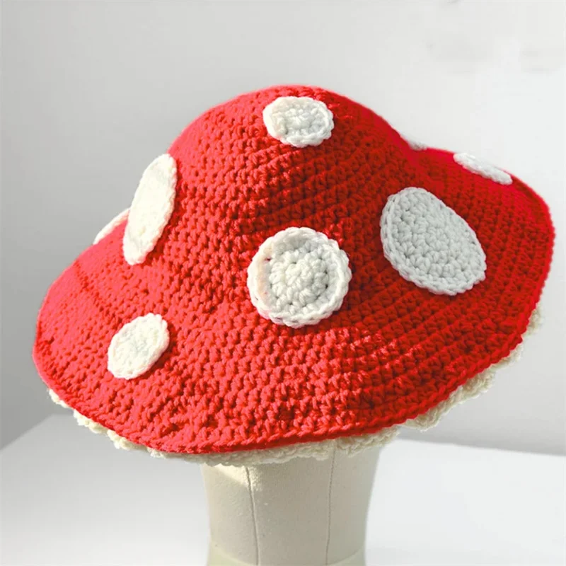 Handmade knitting  Cross-border hot sale Mushroom polka dot hat Girls Painter Hat Autumn Winter Bud Ladies Warm Beret Caps