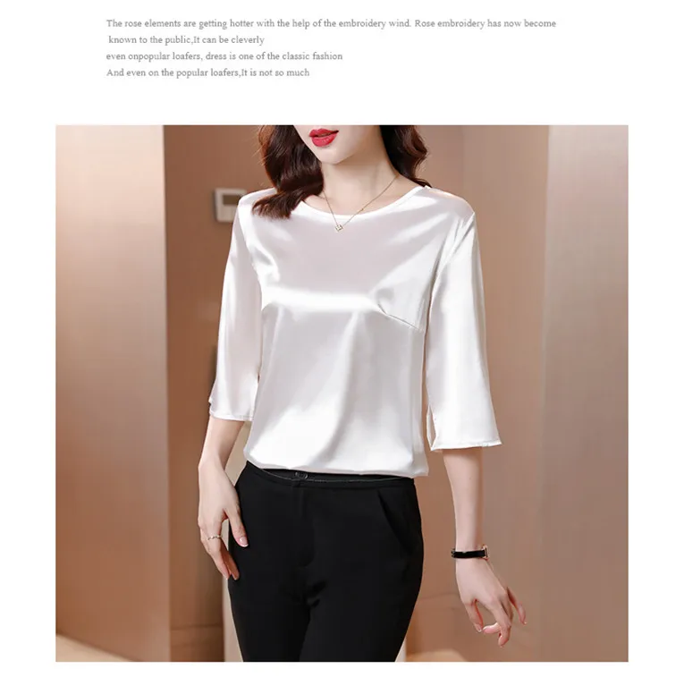 2026 Spring and Autumn New All-match O-neck Three-quarter Flared Sleeve Acetate Satin Blouse tops Basic Simple Ice Silk Shirts