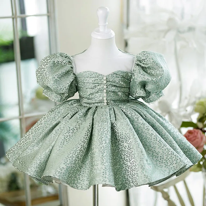 

High-End Children's Princess Evening Gown Puff Sleeve Beading Design Birthday Baptism Party Easter Eid Dresses For Girls A2404