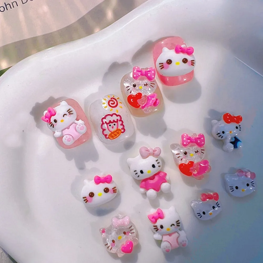 10Pcs Kawaii Hello Kitty Nail Charms Cute Cartoon Cat Rhinestones Phone Case Manicure Accessories Fingertips Ornaments Jewelry #