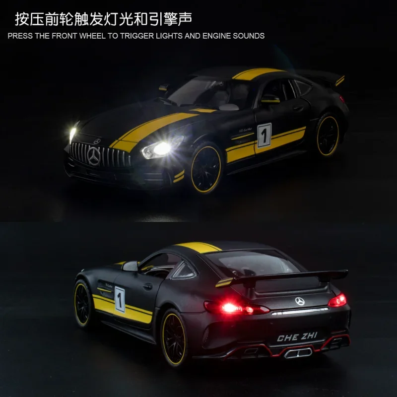 Simulation de voiture de sport Mercedes Benz Jas GTR, modèle en métal moulé sous pression, son léger, nervure arrière, collection de jouets pour cadeaux, A82, 1:24