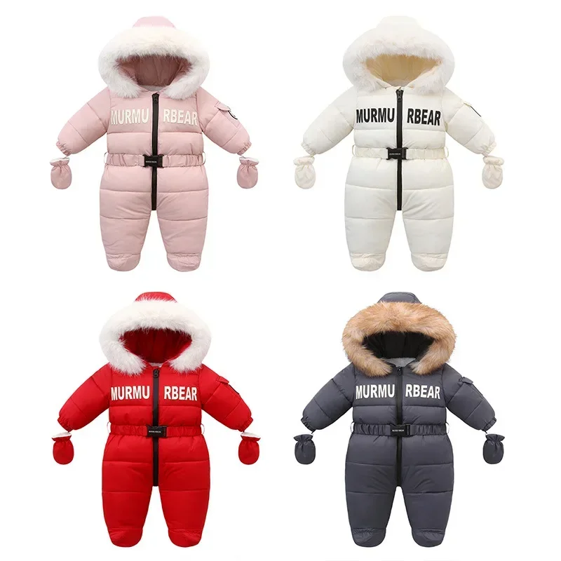 2024 Russian Winter Jumpsuit For Kids Plus Velvet Hooded Newborn Baby Romper 0-2 Years Infant Girl Winter Overalls Baby Snowwear