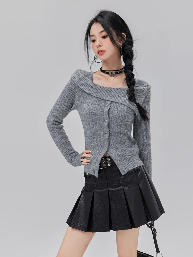 

Осень-зима 2024, новый черный, серый вязаный свитер с квадратным воротником и открытыми плечами, женские модные розовые однобортные универсальные топы