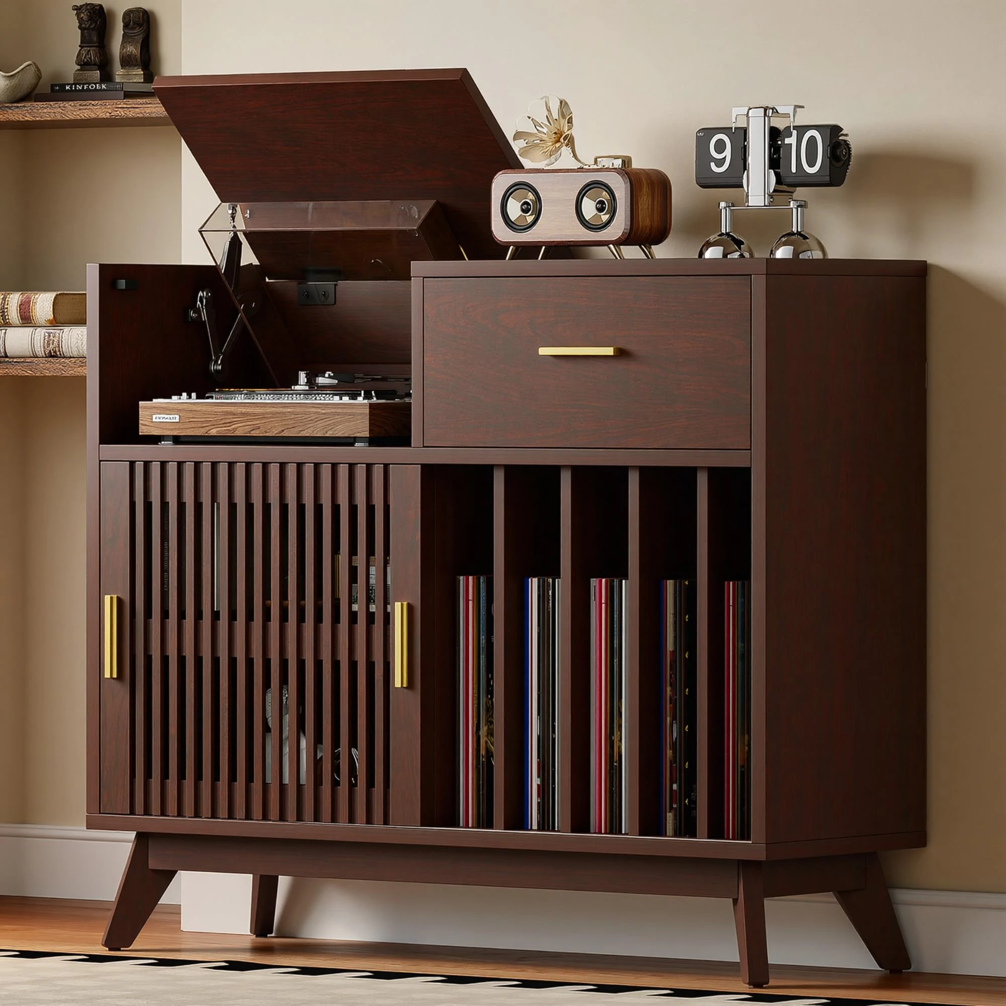 

Large Record Player Stand, 500+ Vinyl Record Storage Cabinet with Drawer, Record Player Table with Sliding Door & Flip-Top