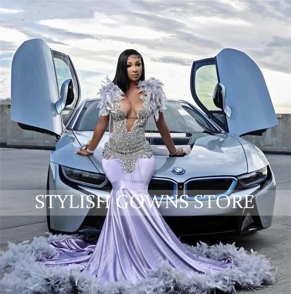 Purple O Neck Tassel Long Prom Dresses For Black Girls Bead Crystal 2024 Birthday Luxury Dress Feather Evening Dresses