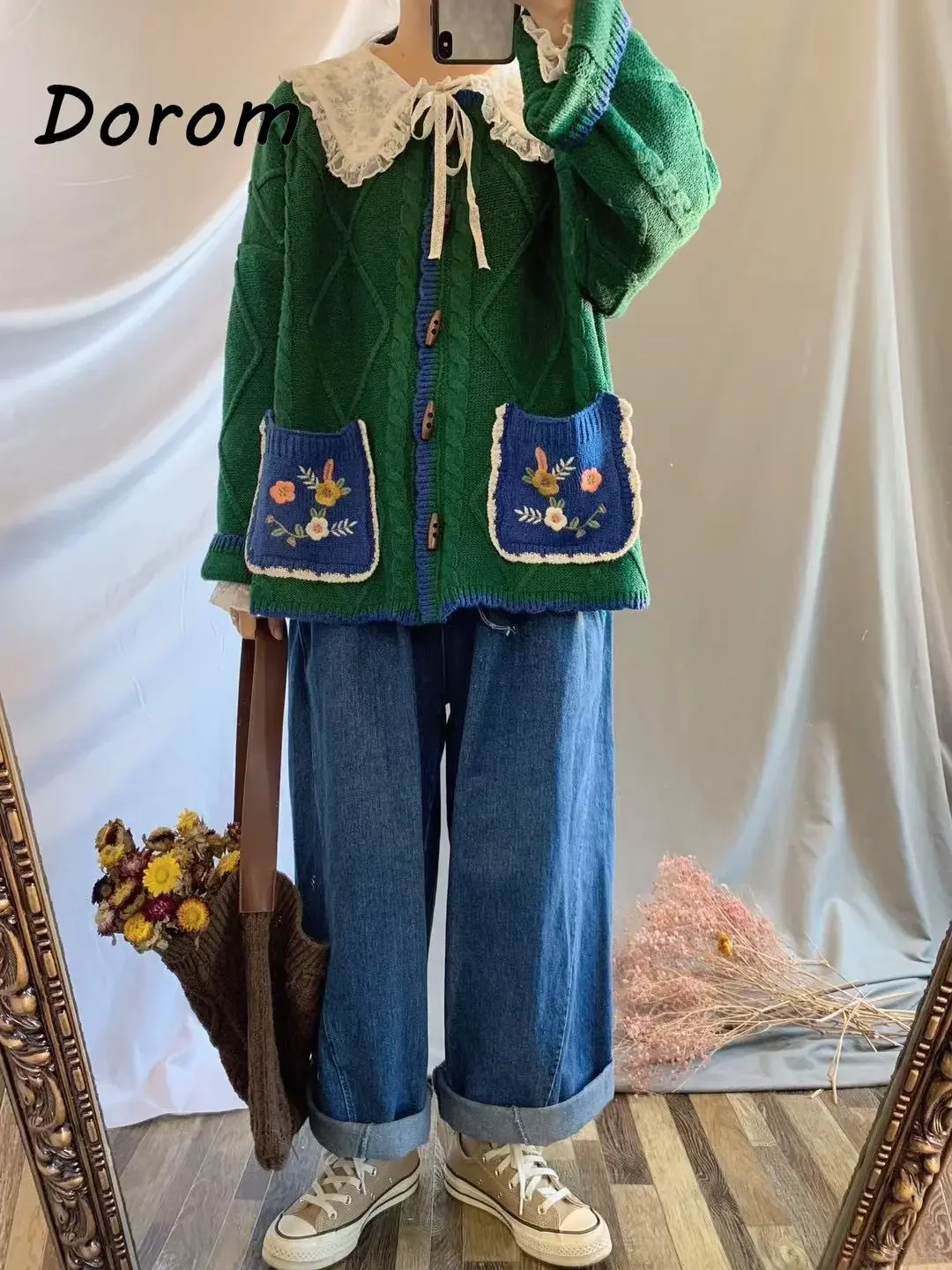 Vintage Mori Girl Embroidery Green Knitted Cardigan Women Autumn Korean O-neck Jacquard Sweater Coat Casual Loose Knitwear Tops