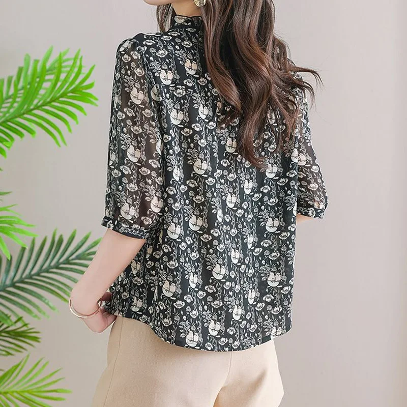 Thin Chiffon Half Sleeve Lacing Shirt Tops Summer New Loose Printing Short Elegant Blouse Fashion Temperament Women Clothing