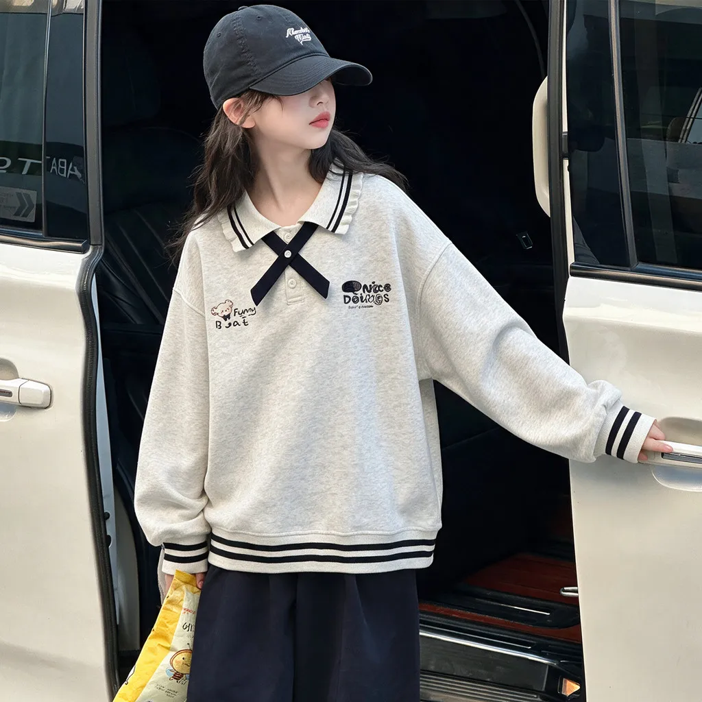 Girls Polo Collar Sweatshirt Cartoon Bear Embroidery with Bow Tie Autumn Cute Children Tops 2026