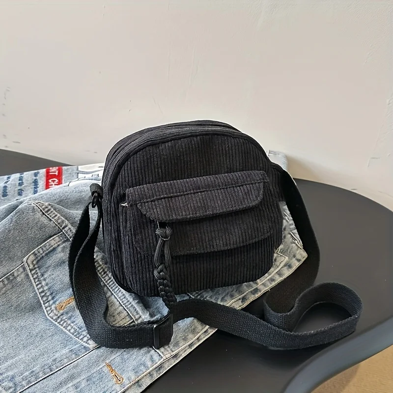 Modische Damen-Cord-Umhängetasche mit mehreren Reißverschlüssen für den täglichen Street-Style-Reiseoutfit – Detail 6