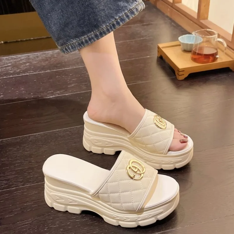 Chain Wedges Slippers Women High Heels Platform Shoes Summer 2024 Luxury Open Toe Flip Flops Beach Sandals Pumps Mujer Slides