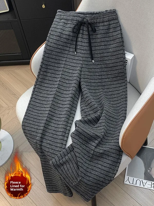 캐주얼 두꺼운 울 와이드 레그 팬츠 여성용 겨울 신상 드로스트링 스트라이프 루즈 슬림 캐주얼 바지