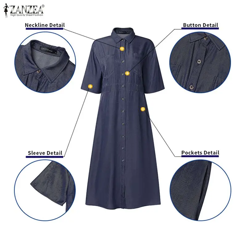 ZANZEA 2026 Spring Denim Blue Dress Women Stylish Shirt Dress Elegant Lapel 3/4 Sleeve Work Sundress Solid Robe Buttons Vestidos