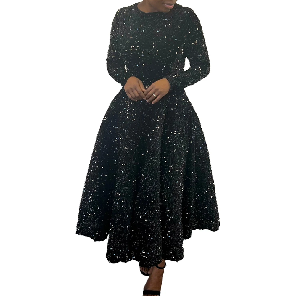 2024 Vintage-Mode Pailletten Frauen Kirche Swing Kleider Lange Hülse O-ansatz Hohe Taille Elegante Glitter Bankett Party Abendkleid – Detail 5
