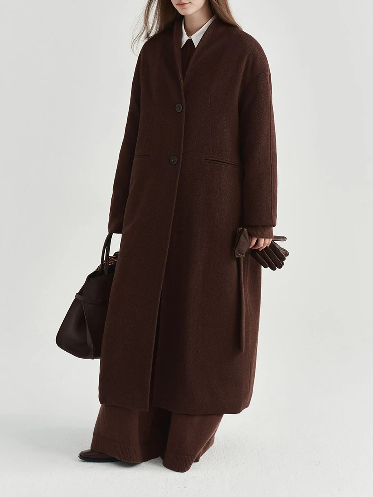 [LANMREM] Temperament Woolen Long Coats For Women V Neck Belt Gathered Waist Office Lady Warm Outwear 2024 Winter New 26C1036