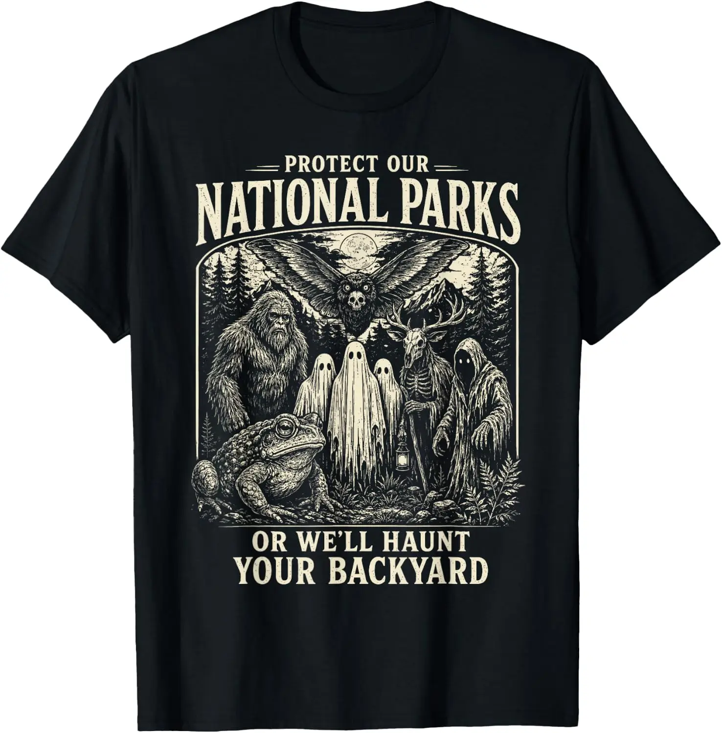 Protect Our National Parks Cryptid Sasquatch Halloween Men T-Shirt Men Casual Graphic Print T‑Shirt Crew Neck Short Sleeve Vintage Street Style Soft Fabric Daily Wear Tops.holiday festive,party wear,theme print tee.