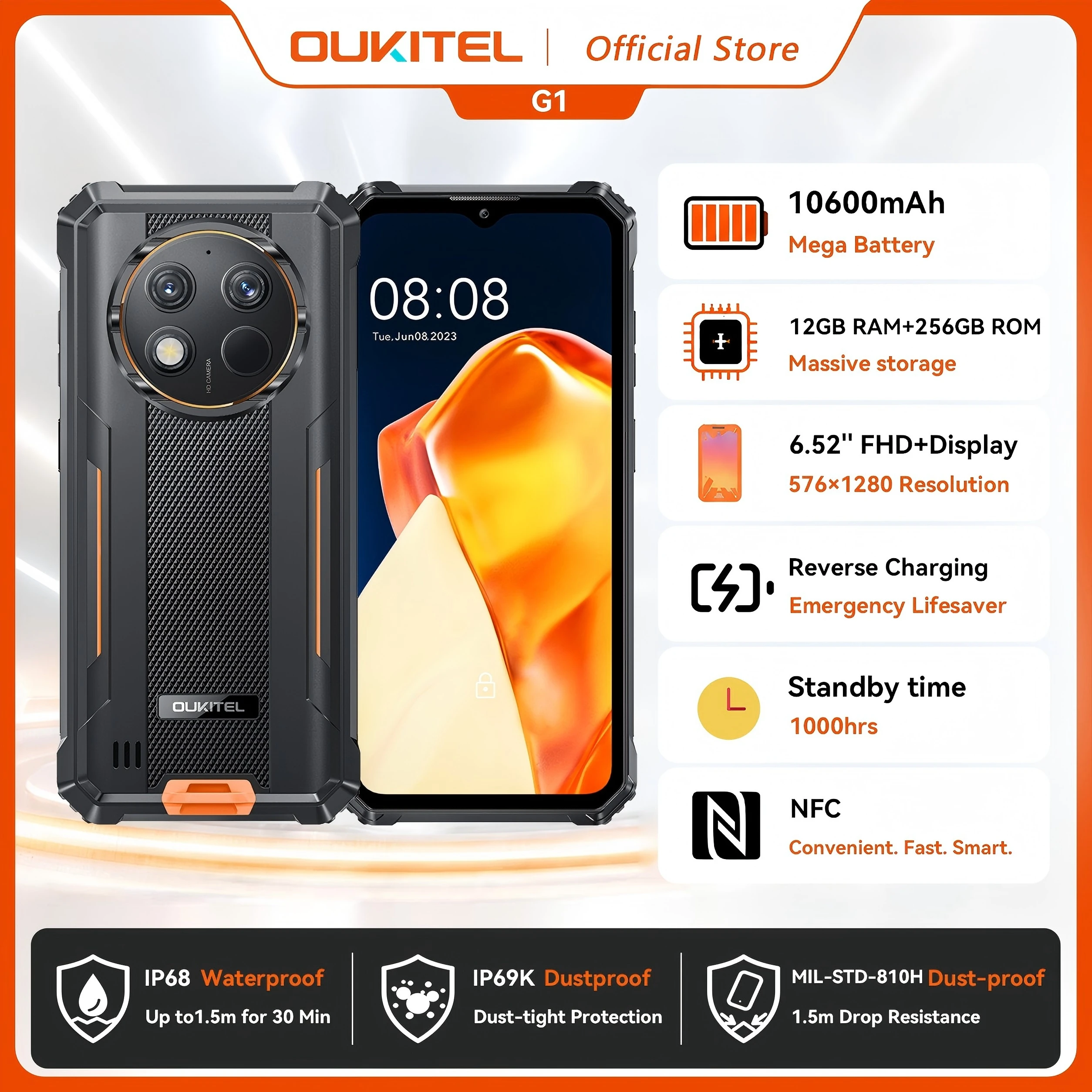 Oukitel G1 24GB RAM 256GB スマートフォン OUKITEL G1 Rugged Phone - 10600mAh, 24(6+18)GB+256GB, 6.52