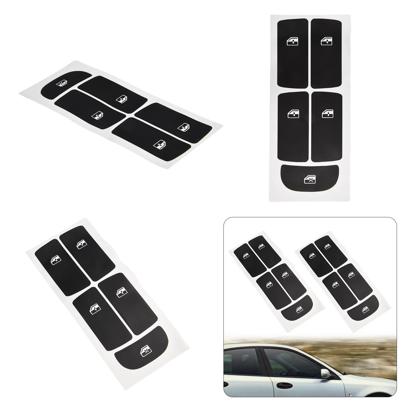 ل SAAB 9-3 03-12 زر التحكم ملصق إصلاح مجموعة 2 قطعة عالية الجودة الفينيل الأسود تراكب مع حروف بيضاء لأزرار الضغط