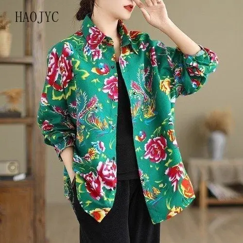 Vintage Northeast Fashion Big Flower New Shirt Jacket Spring Long Sleeve Foreign Style Printed Shirt Loose Casual Top