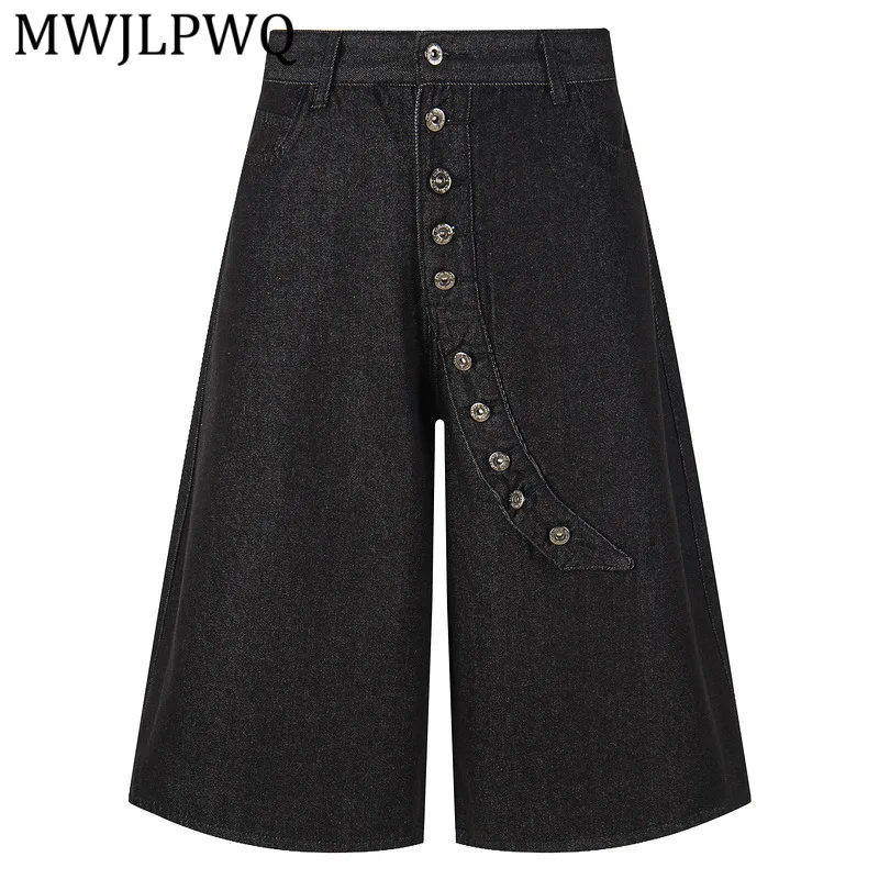 

MWJLPWQ Street Style American Retro High-Street Casual Cropped Jeans Asymmetrical Diagonal Button Design Shorts For Summer 15847