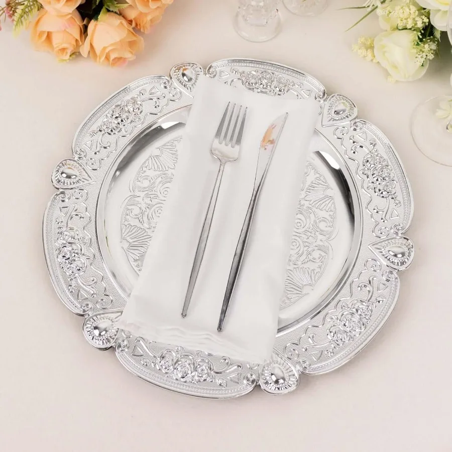 6 عبوات من ألواح شاحن الأكريليك المنقوشة بالزهور الفضية مع حافة صدفية لتناول الطعام الأنيق وديكور الحفلات، بلاستي مستدير مقاس 13 بوصة #5