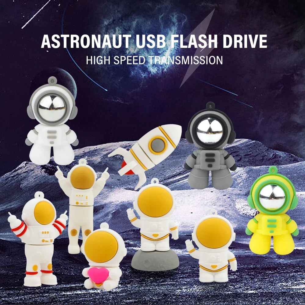 Astronaut USB Flash Drive 128GB Creative Cool Gift Pen Drive 64GB Free Key Chain Memory Stick 32GB Cartoon USB 2.0 Flash Drives