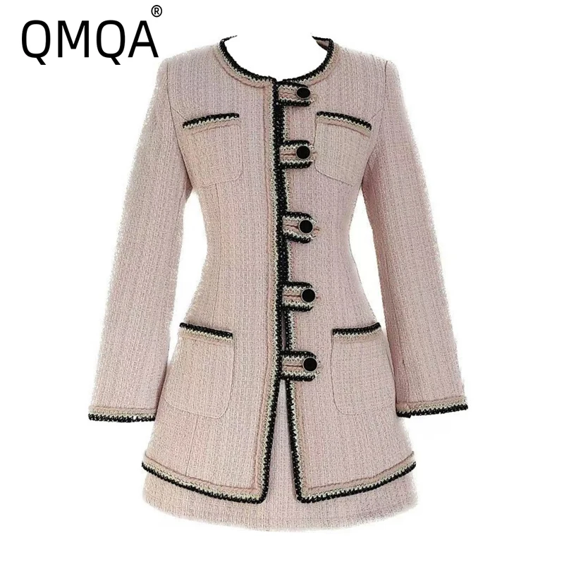 QMQA Fashion Women's Tweed 2 Piece Set Single Breasted Long Sleeve Jackets High Waist Mini Skirts Elegant Sets Female New 1A892