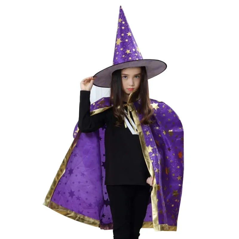 Детский плащ на Хэллоуин, шляпа ведьмы, косплей, звезды, красочный плащ и шляпа ведьмы, комплект для выпускного вечера, наряд 80 см