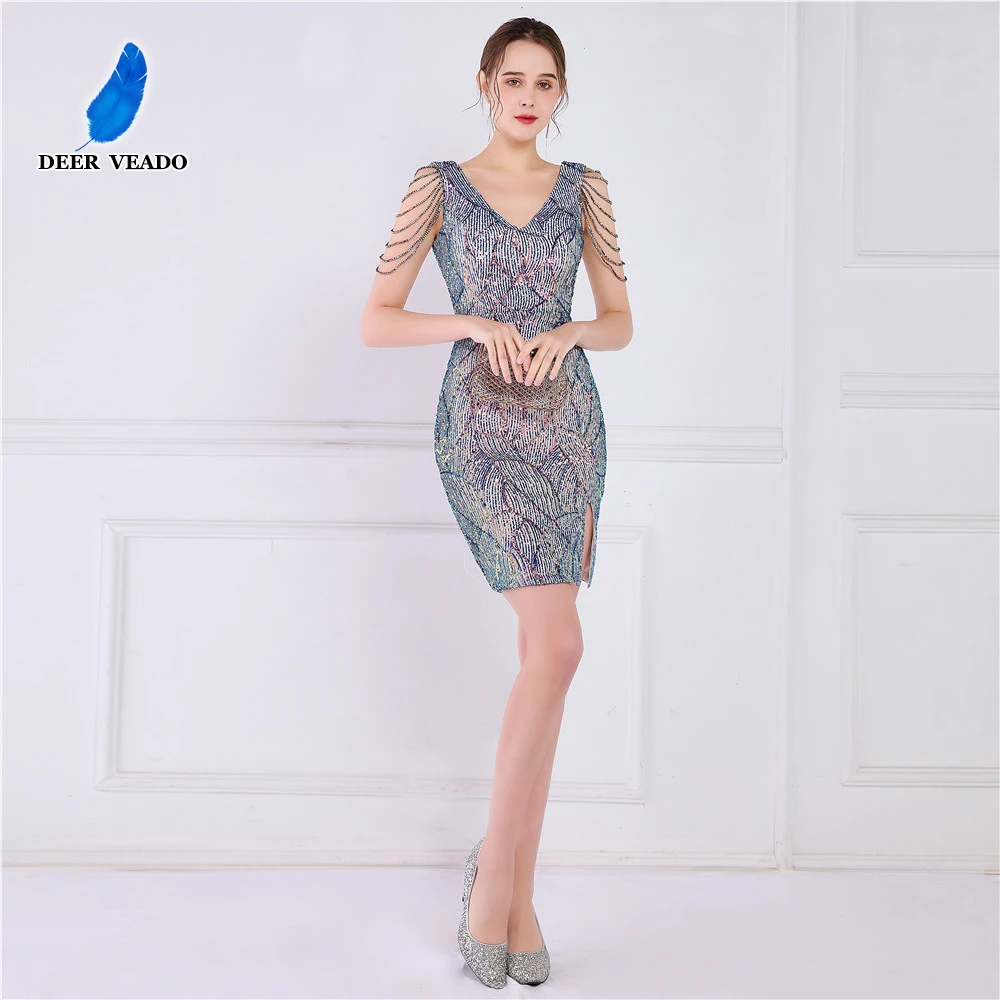 

DEERVEADO Mermaid V Neck Blue Sequin Party Bodycon Dress Women Sexy Beading Evening Dress 2024 New Short