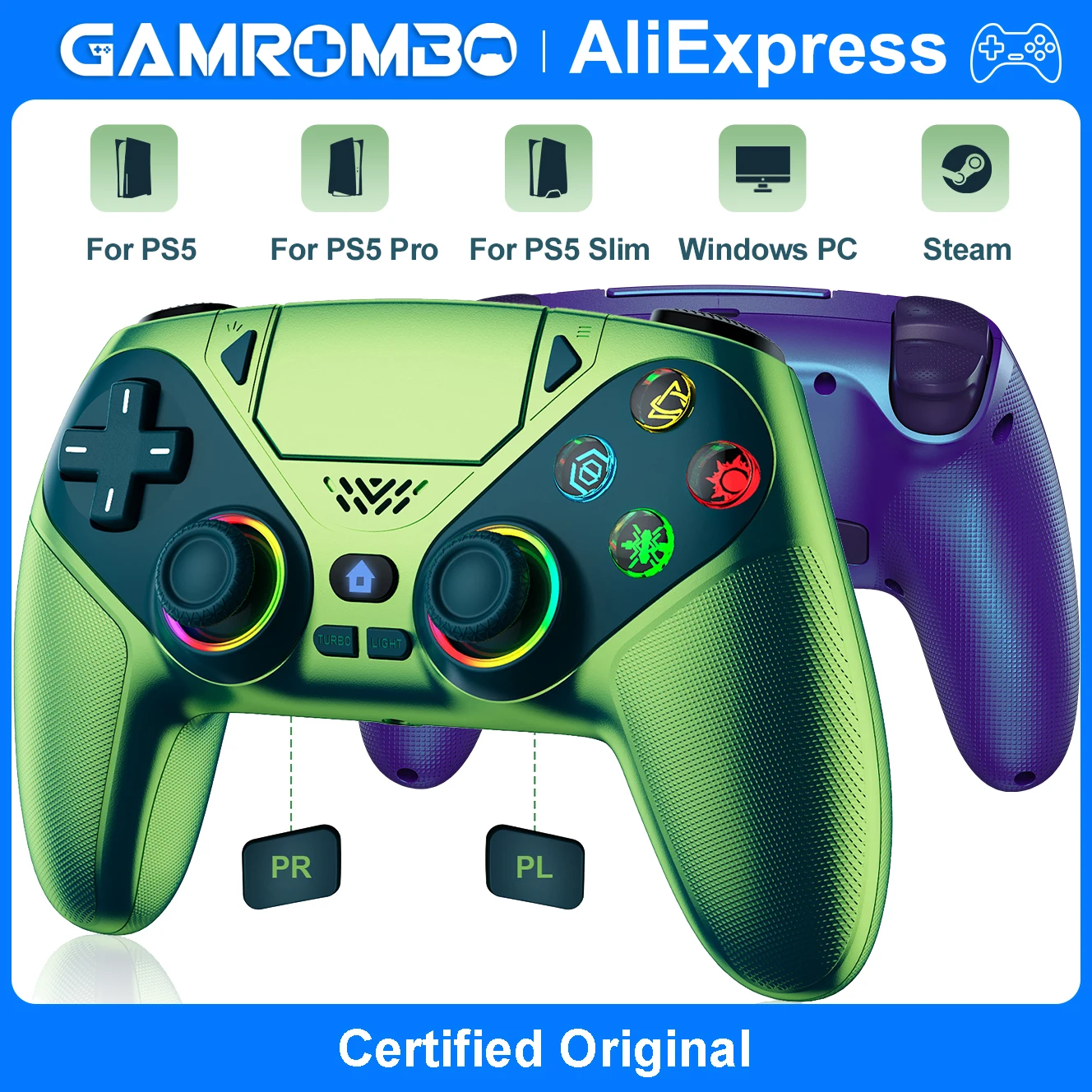 

GAMROMBO RGB Controller for PS5/PS5 Pro/Slim/PC Consoles Wireless Gamepads Dual Vibration Marco/Turbo Function 3.5mm Audio Jack
