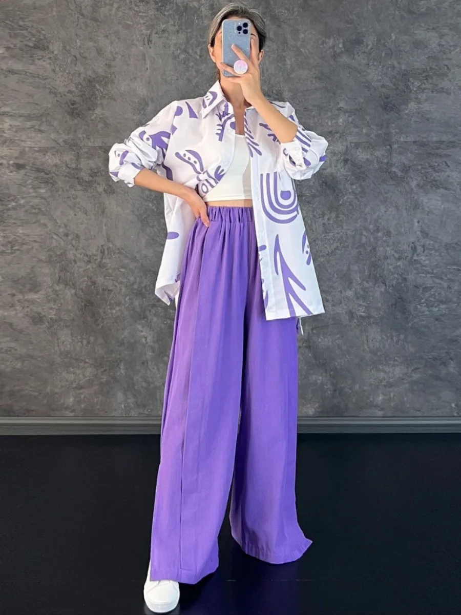 Women Eid Muslim Sets Two Pieces Morocco Ramadan Ensemble Kaftan Print Shirts Wide Leg Pants Casual Pockets Islam Dubai Suits