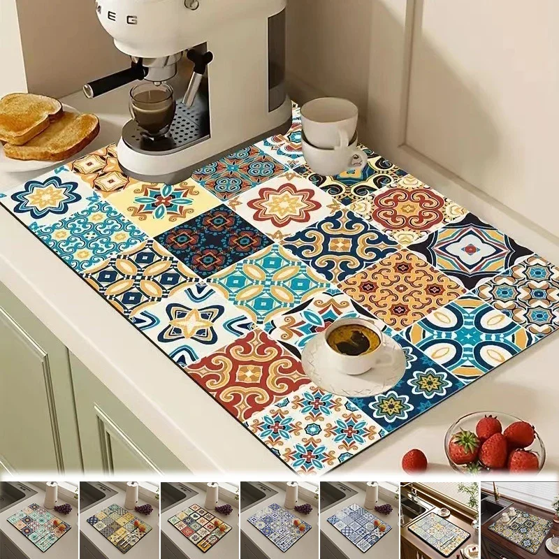 

Kitchen Drainage Mat Retro Printing Style Dish Drying Pads Diatomite Absorbent Placemats Drainer Tableware Mats Accessories식기 매트