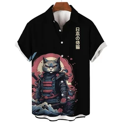 Men's Shirt Fashion Cool Samurai Cat Tops Summer New Men's Clothing Casual Short-Sleeved Buttons Loose Blouse Hawaiian Shirts