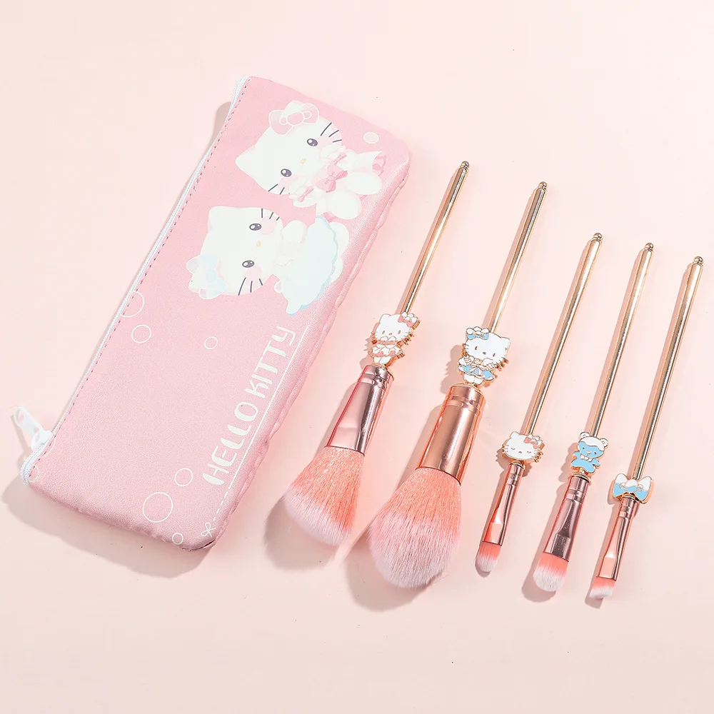 Sanrio Cute Kuromi Hello Kitty 5-Piece Makeup Brush Super Soft Cute Cartoon Design with Leather Case Girls Perfect Fashion Gifts