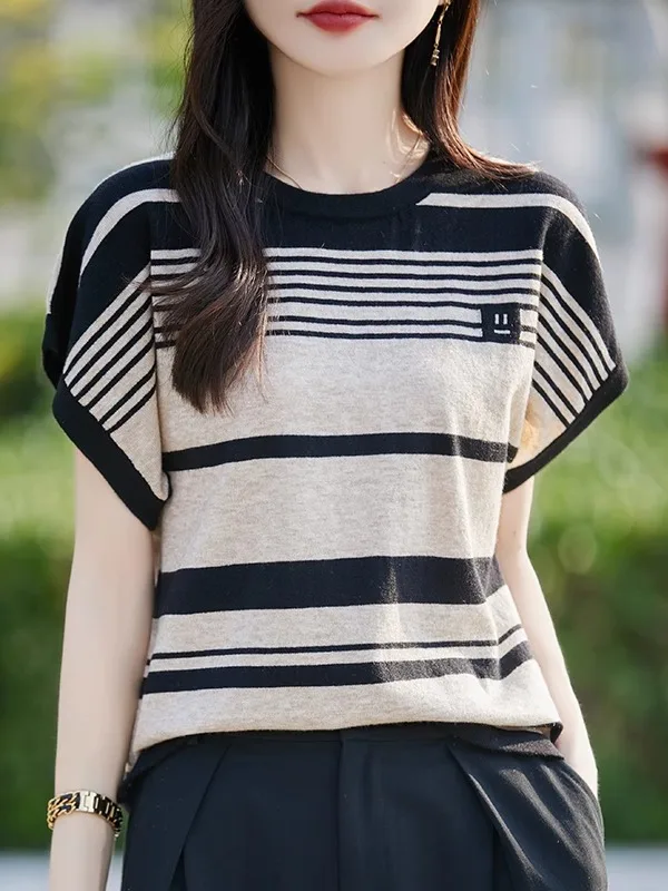Summer Stripe Ice Silk Short Sleeve T-Shirt Women's Loose Thin Large Size Upper Body Trendy Commute Style Moisture Wicking