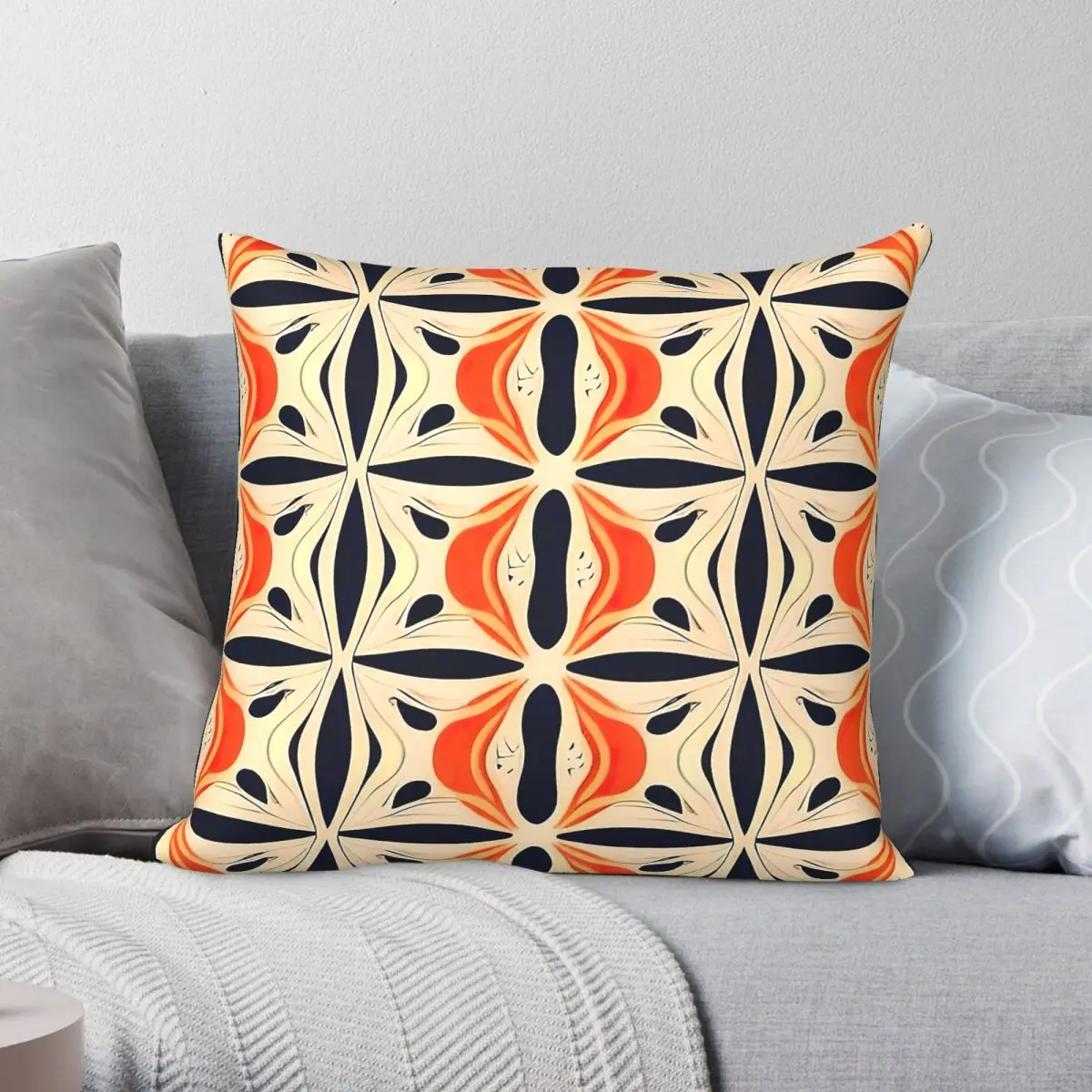 Orange Cream Black Repeating Square Pillowcase Polyester Linen Velvet Printed Zip Decorative Room Cushion Cover