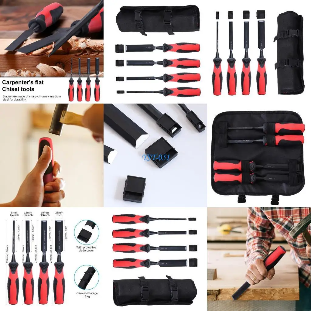 

E15A 4Pcs Professional Set for Woodworking Comfortable Handle Woodworking Carving with Storage Bag