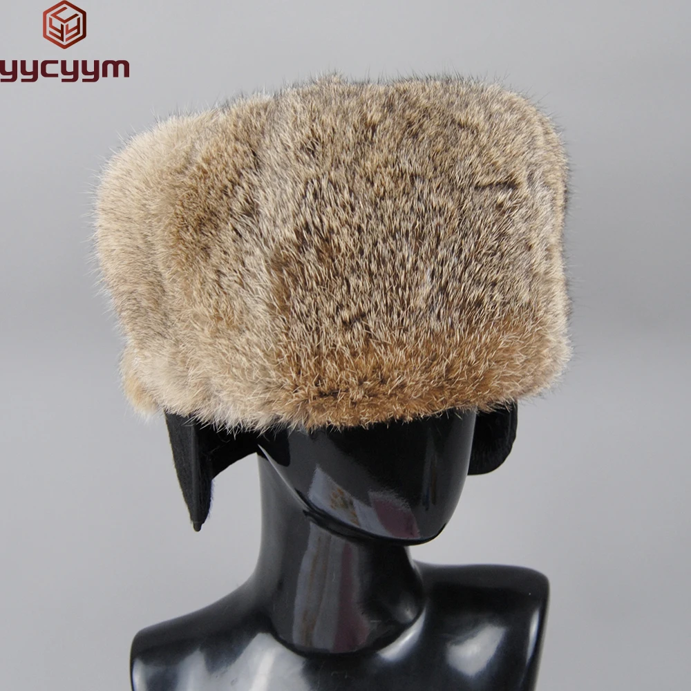 

Hot Sale Men Russian Winter Rabbit Fur Bomber Hat Super Warm 100% Natural Rabbit Fur Hats Male Full Pelt Genuine Rabbit Fur Cap