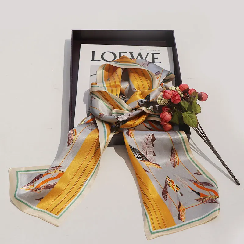 

Spring and summer fashion versatile satin silk small long scarf double-sided printed mulberry silk scarf