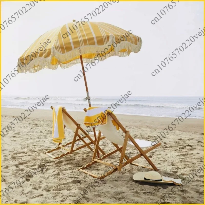 New striped beach umbrella Garden courtyard Sun umbrella Pool Pastoral vacation Outdoor shading Tassel umbrella