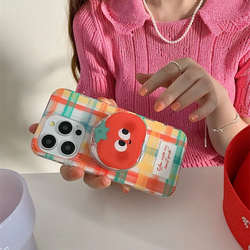 Magnetic painted fun grid phone case with tomato holder For iPhone 11 12 13 14 15 16 17 Pro max