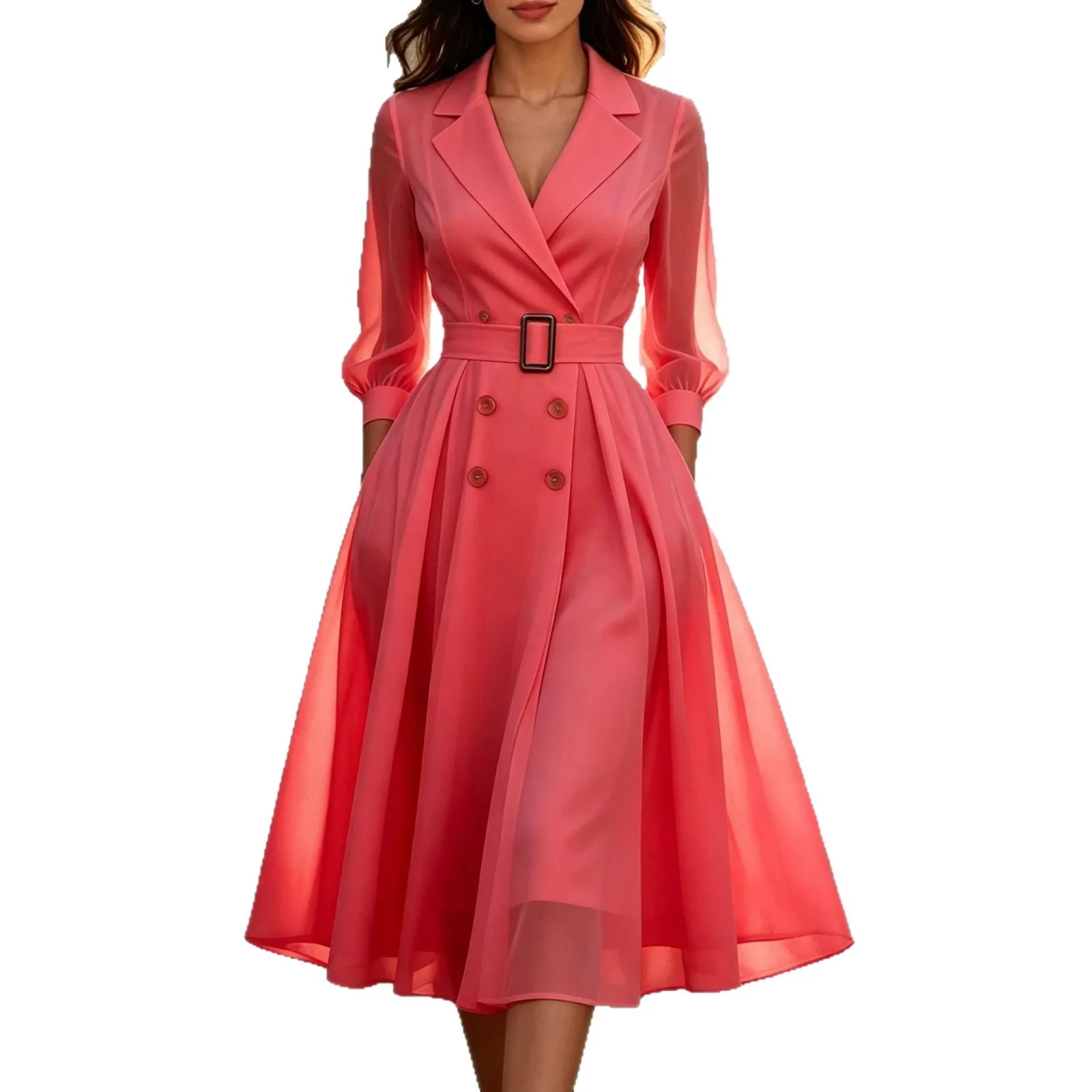 V Neck Midi Length Belt a Line Commuter Chic with Button Closure High Waist a Line Skirt Mid Length Summer Dresses for Women