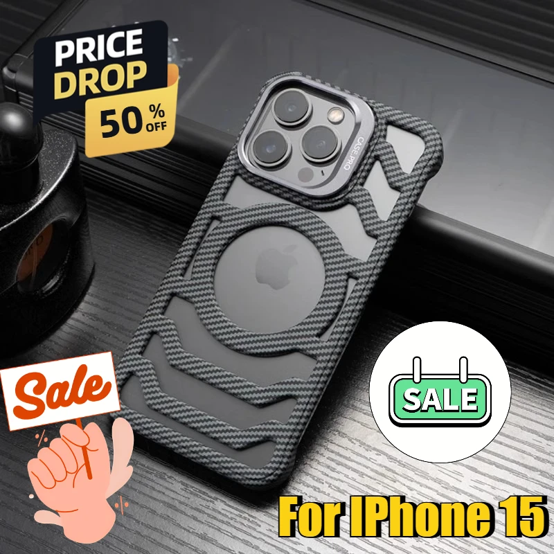 

For IPhone 15 Mobile Phone Case with Lens Holder Kevlar Carbon Fiber Pattern Protective Cover
