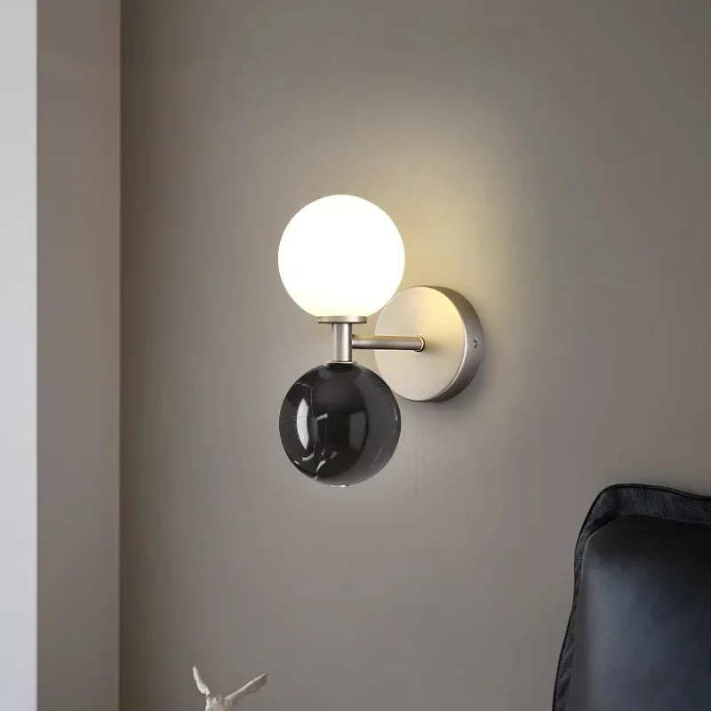 

LED Wall Lamp Glass Ball Simple Marble Sconce Light For Bedroom Bedside Living Room Background Bar Modern Aisle Lighting Fixture