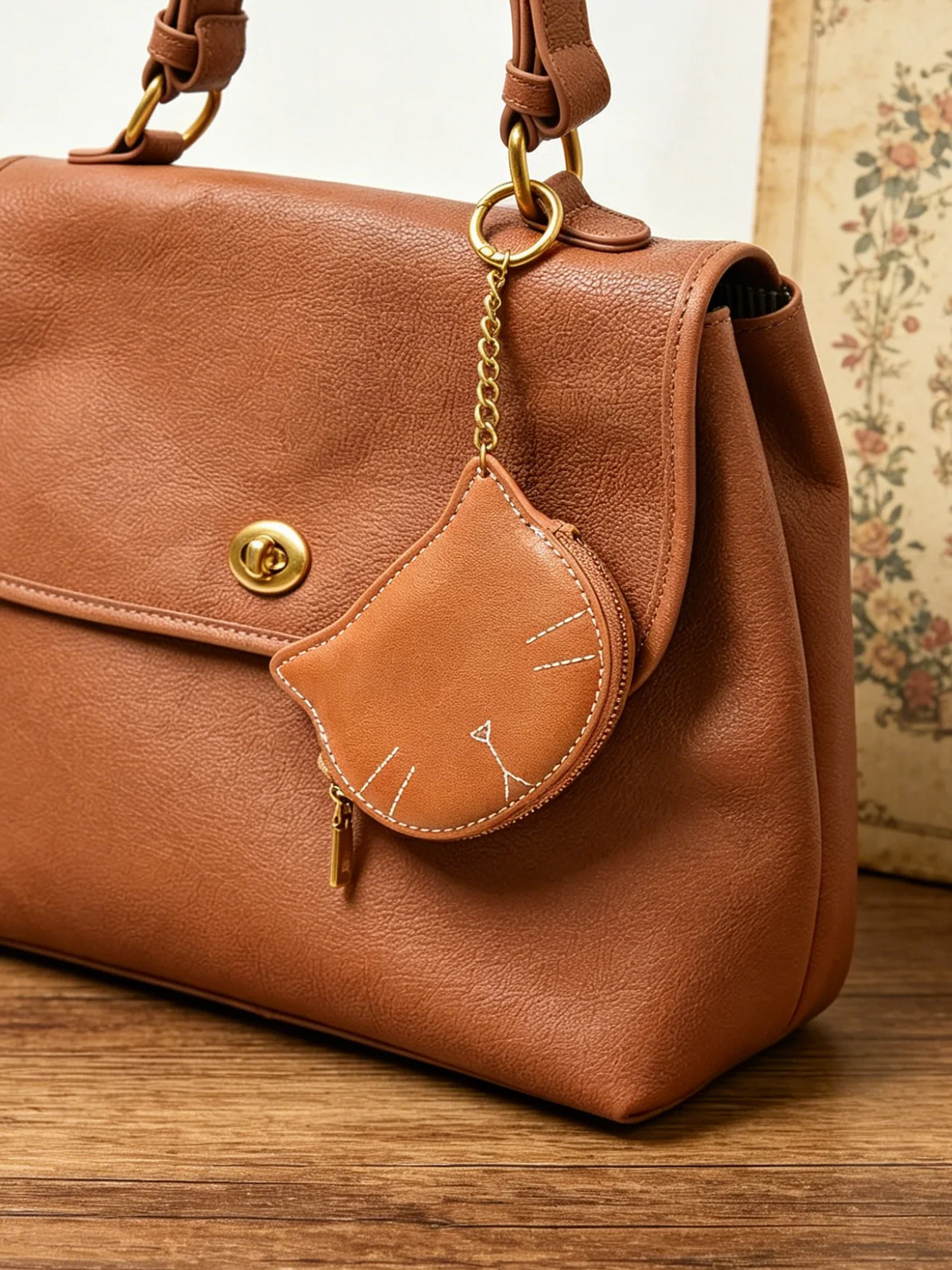 BUYLEMO Cute Cat-shaped Leather Coin Purse, Retro Chain Keychain Card Holder & Bag Charm