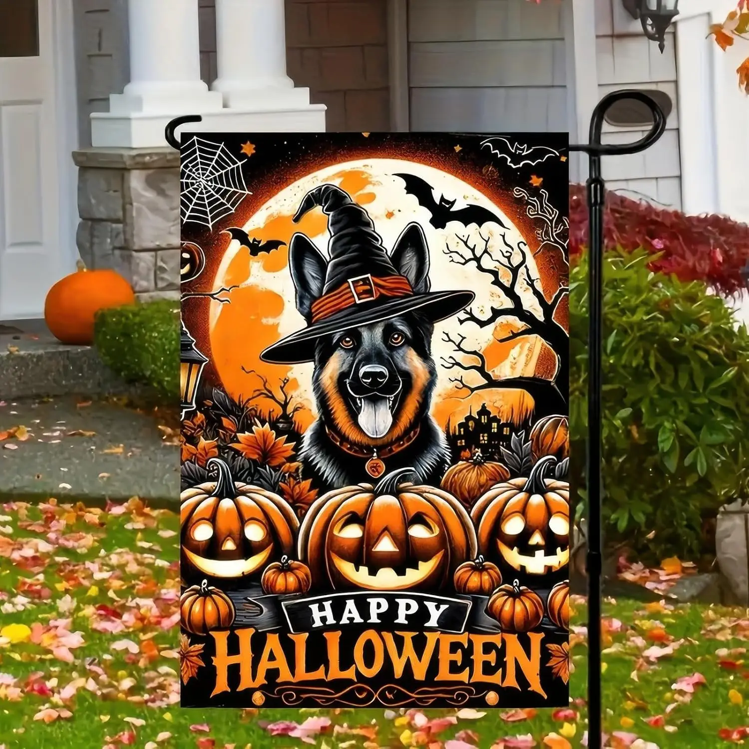 Halloween Garden Flag 12×18 Double Sided Vertical Flag Witch Hat German Shepherd Garden Flag Dog Pumpkin Outdoor Decorative Flag