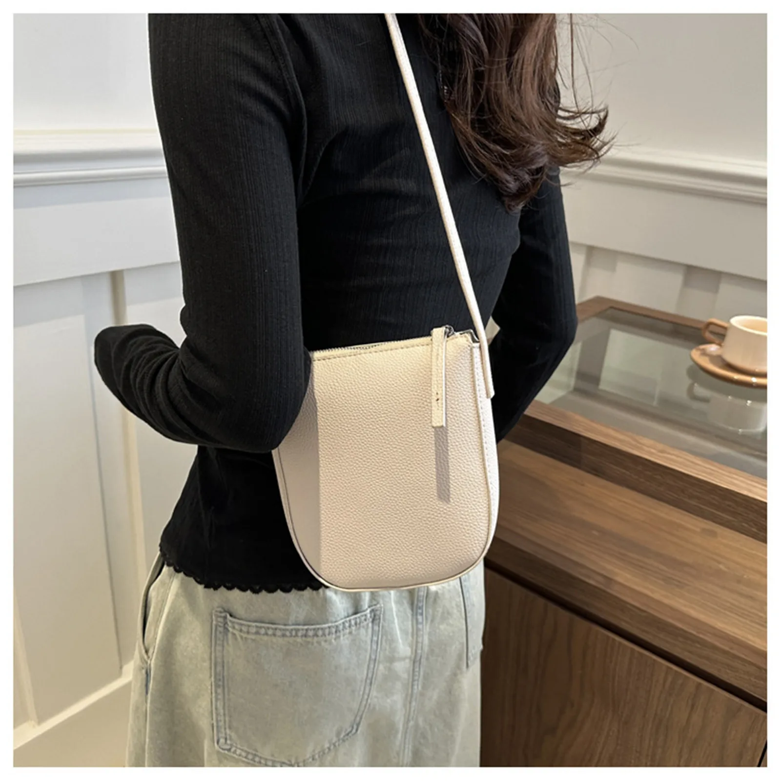 

Litchi Pattern Shoulder Bag New Zipper Solid Color Crossbody Bag Genuine Leather Phone Bag Ladies Fashion Storage Bag Handbag