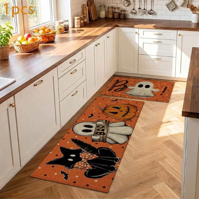 VIKAMA Orange Polka Dot BOO Ghost Rug, Cute Halloween Non-Slip Carpet, Aesthetic Bedroom Kitchen Fall Holiday Decor - view 5