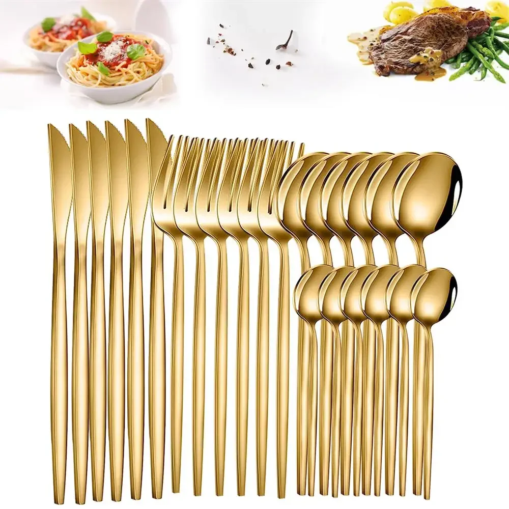 24 pçs conjunto de louça de ouro conjunto de talheres de aço inoxidável faca garfo colher conjunto de talheres faca garfo colher colher de chá