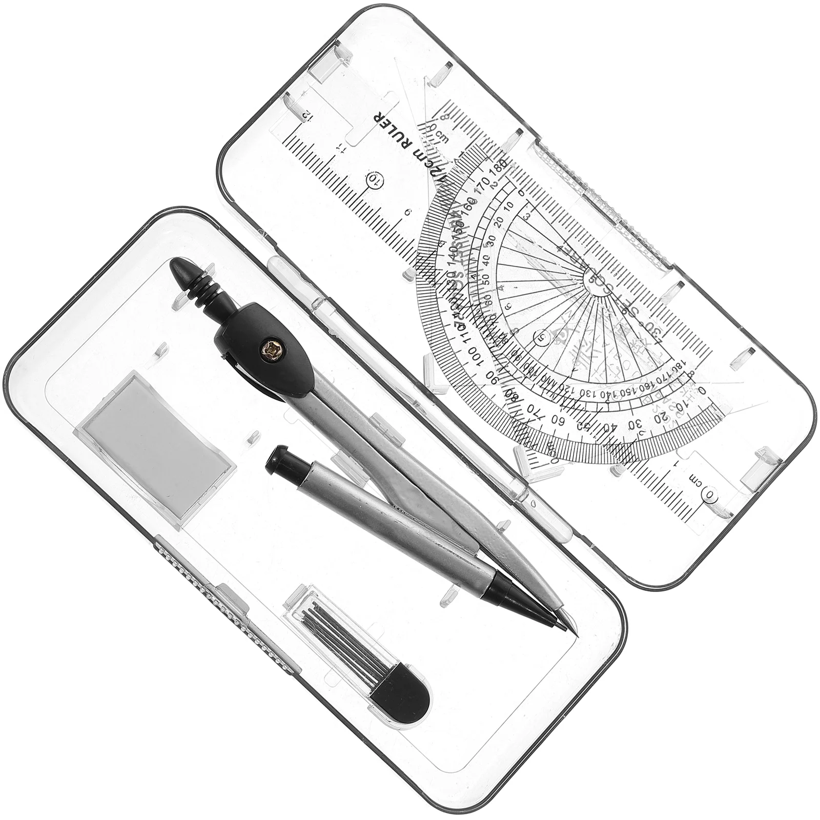 Math Geometry Set Student Supplies with Storage Box, Includes Compasses, Rulers, Protractor, Eraser, Refills, for Drafting and