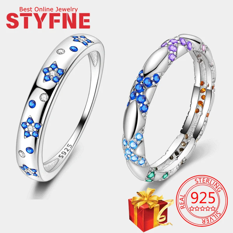 

New 925 Sterling Silver Rings Colorful Blue Star Women Original Rings For Wedding Party Jewelry Gift with GIFT Bag